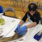 CeCi holds open the shark she dissected