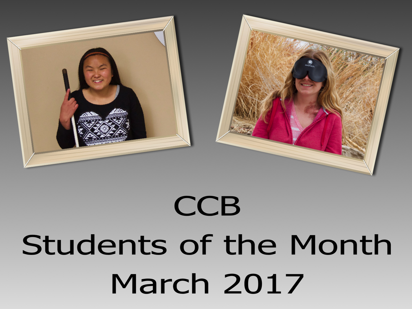 Two young women in sleepshades, at left Suzi in the front lobby and at right Courtney in the garden