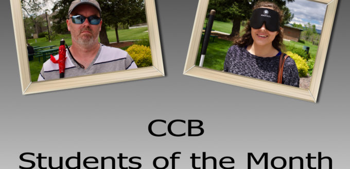 Dugan with his cane left and Ceci with her cane and sleepshades right both out in the front picnic table area