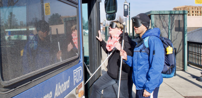 Libby and Chaz about to get on an RTD Bus