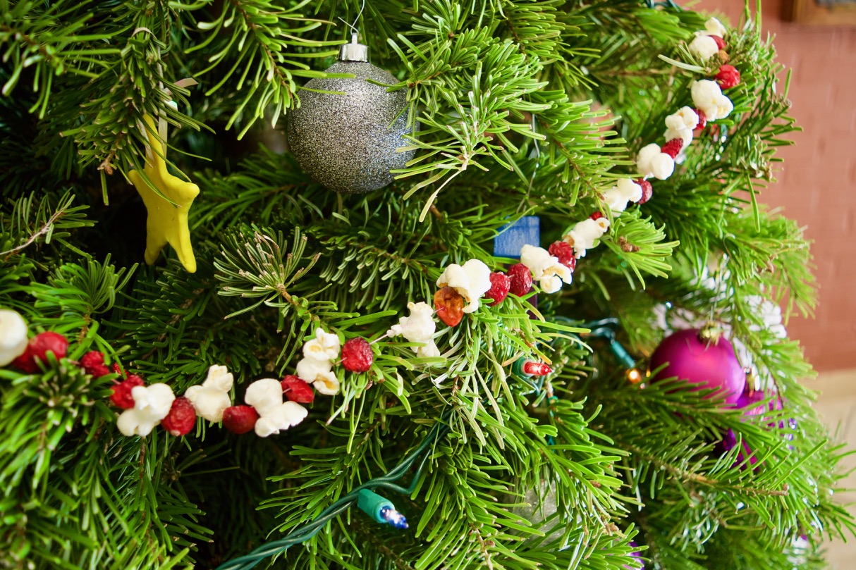 CCB Tree decorated with hand made ornaments and strings of popcorn and cranberries
