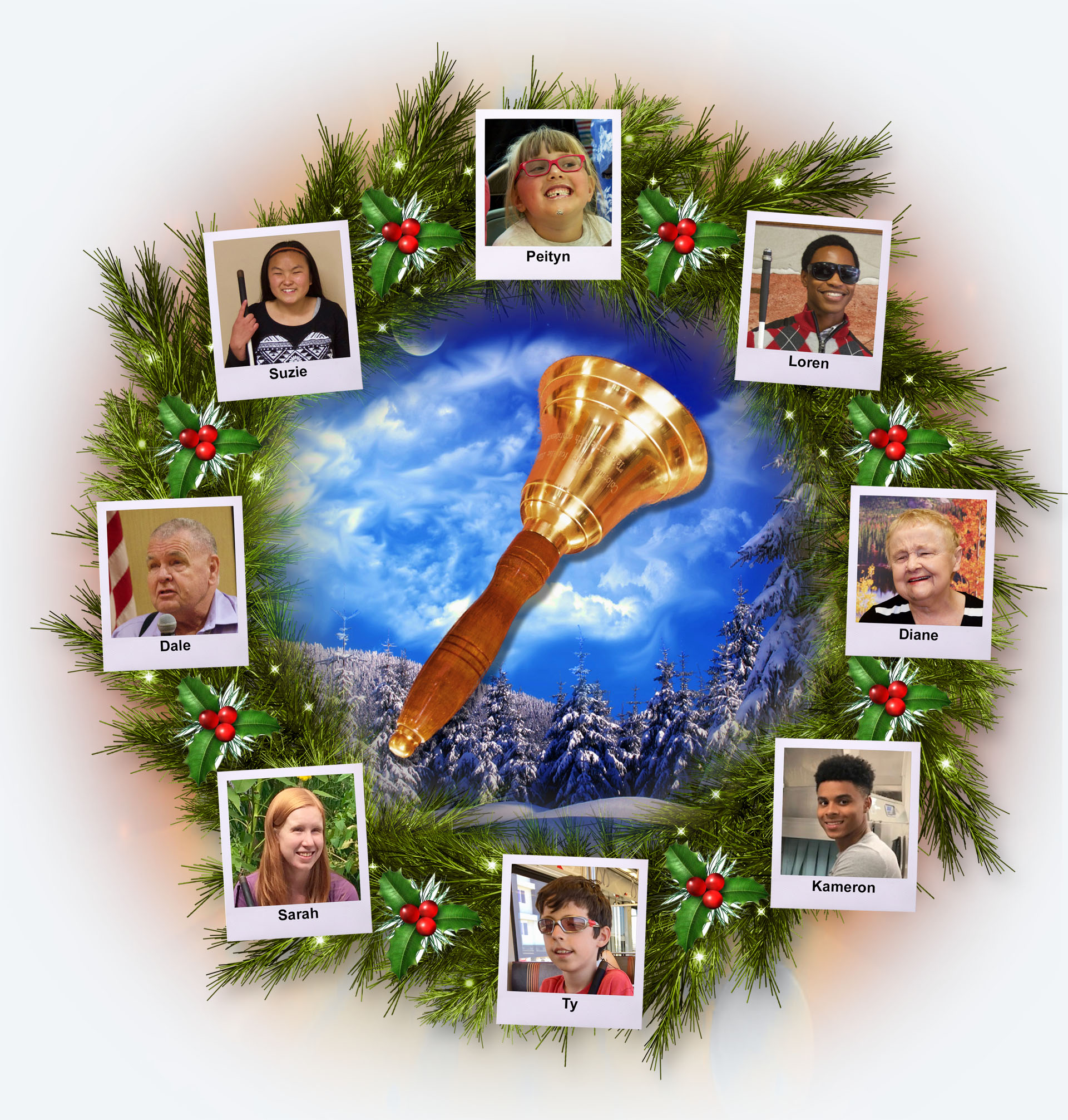 CCB Wreath with Freedom Bell centered and photos of People from each CCB Program area