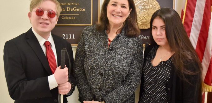 2019 HS Students at NFBinDC, L-R Ian Lee, Rep Diana DeGette, Deyannira Villa Cazares
